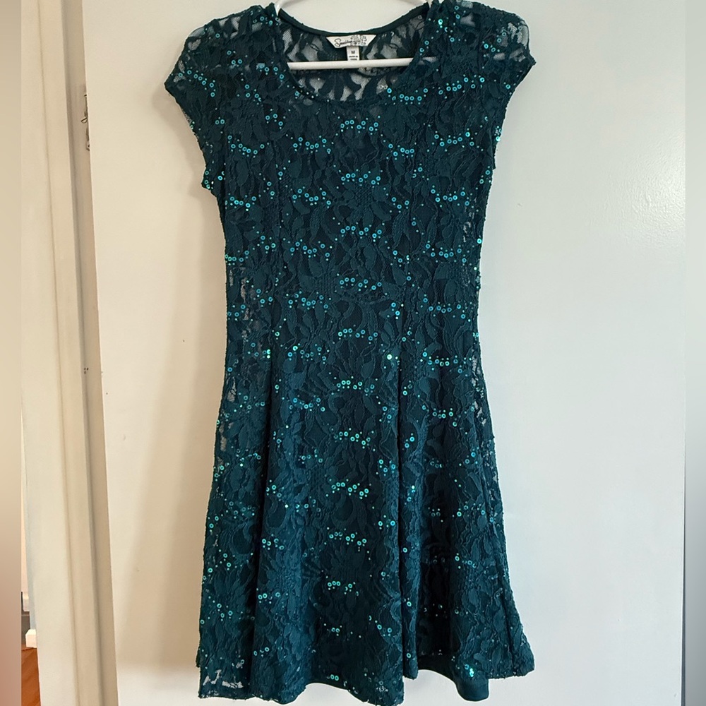 Sparkly Teal Fit and Flare Dress for Weddings